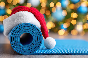 Obraz premium Christmas-themed rolled yoga mat with festive holiday background