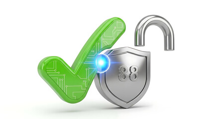 A green checkmark and a silver shield with a padlock on a white background Fundo branco