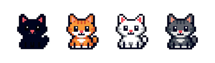 Fototapeta premium Pixel art style cats icons set: cute feline graphics collection for retro design