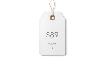 A white price tag with a gold string and dollar amount Fundo branco
