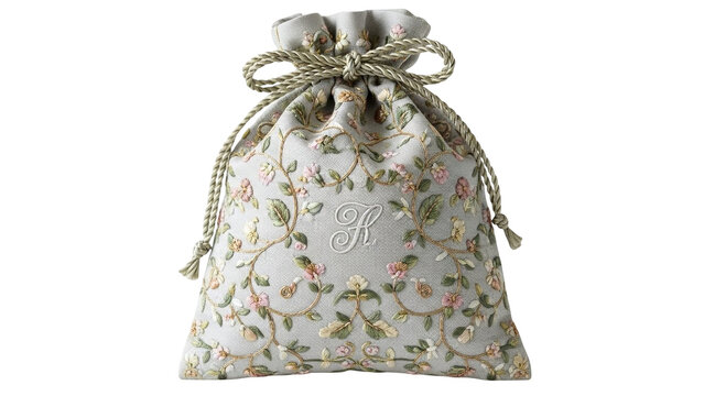 Elegant drawstring pouch embroidered floral vines monogram letter B beige linen luxury gift bag wedding favor jewelry sack PNG transparent background