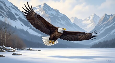 Obraz premium Bald eagle in flight over snowy mountain lake with majestic peaks