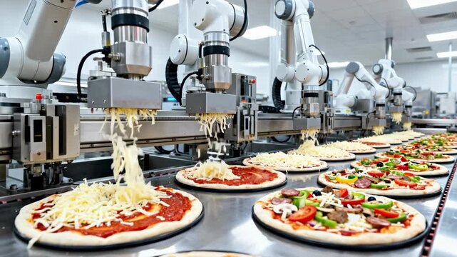 Medium shot of automated line spreading rich tomato sauce over frozen pizza crusts in a hightech food production facility. Medium shot capturing robotic arms evenly distributing