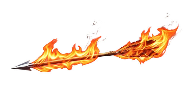 Fiery burning flaming arrow engulfed in intense flames with flying sparks dramatic passionate love cupid symbol fire arrow PNG transparent background