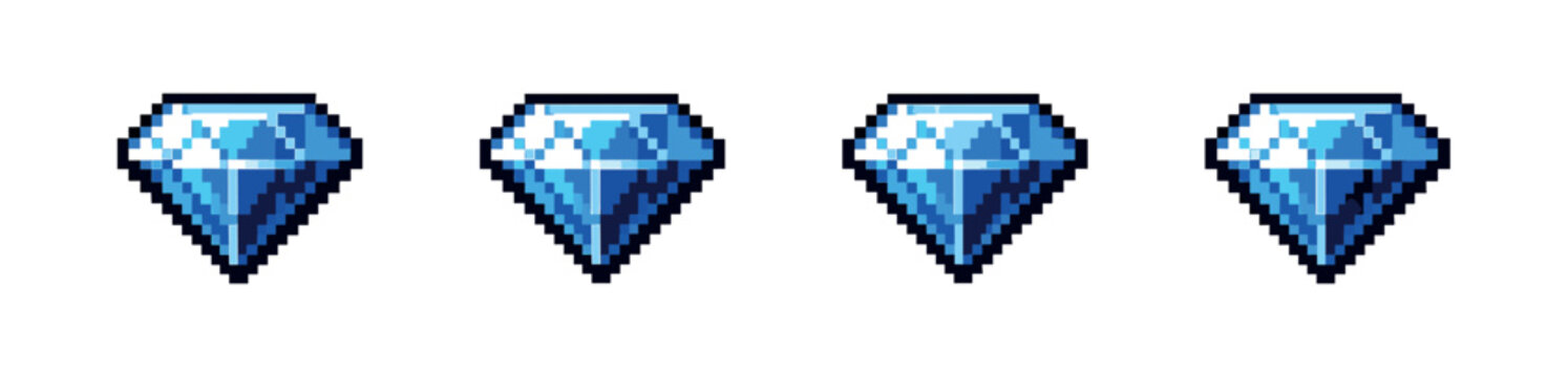 Pixel art style gemstone icons set: retro blue diamond collection