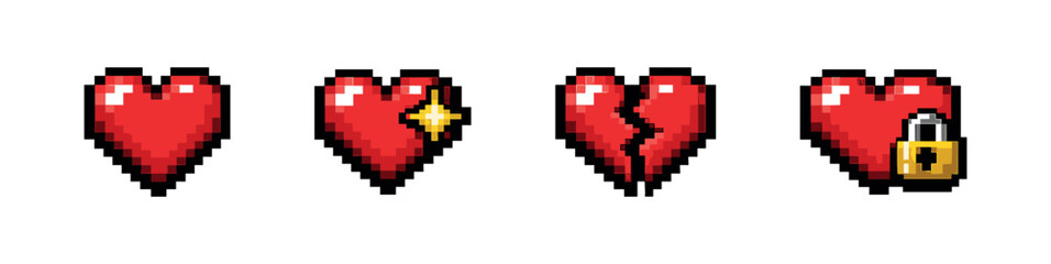 Fototapeta premium Pixel art style icons set: heart symbols, retro graphics, gaming elements