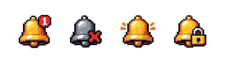 Obraz premium Notification pixel art style icons set: alert bell symbols collection