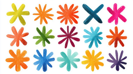 Colorful crayon-drawn asterisk and star shapes with unique artistic textures