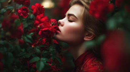 Naklejka premium Young caucasian woman enjoying fragrant red roses in lush garden.