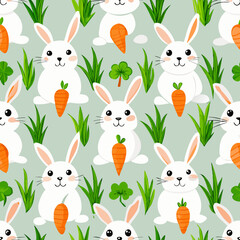Fototapeta premium White rabbits holding carrots in a seamless vector pattern for Easter 