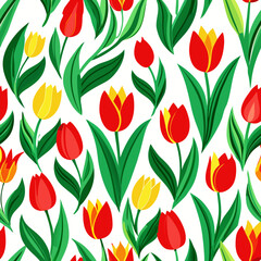 Obraz premium Colorful seamless vector pattern of red and yellow tulip flowers 