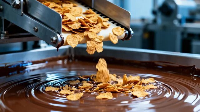 Medium shot showing a ribbon feeder depositing crisps seamlessly into molten chocolate demonstrating continuous industrial inclusion dosing in candy production.