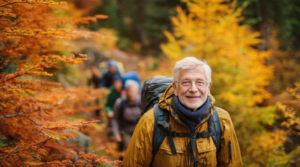 Fototapeta premium Explore adventure outdoor in National Park. A man in a yellow jacket and blue scarf walking through a forest, carrying a backpack and wearing glasses.