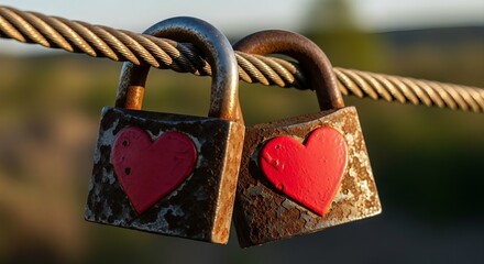 Two rusty heart padlocks locked together on a weathered metal cable