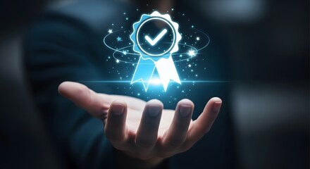 A glowing blue key with a checkmark is hovering above an outstretched hand