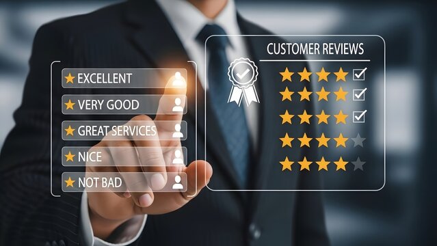 Businessman interacting with customer reviews and ratings on a digital interface