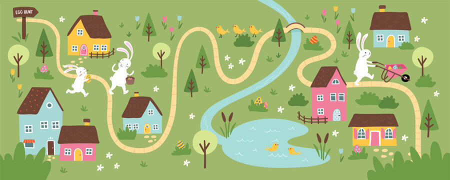 Cute Easter Egg hunt design, map for children, hand drawn with cute bunnies, eggs and decorations - great for invitations, banners, wallpapers - vector