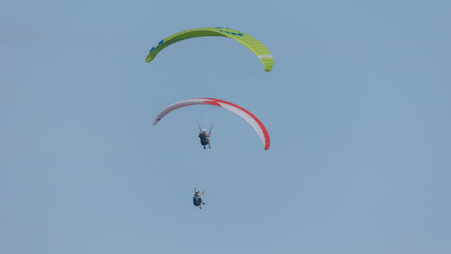 View of paragliders soaring high against the clear blue sky, their colorful canopies contrasting with the vast expanse of the heavens, Wilderness, Western Cape, South Africa.
