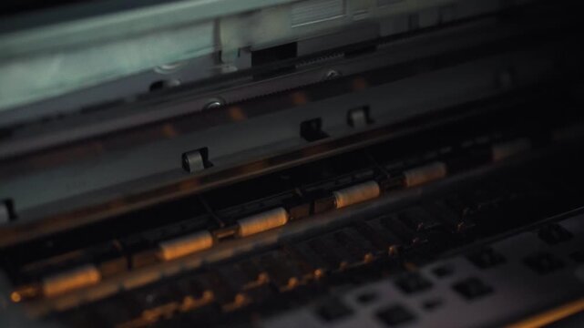 A complex digital printing machine's internal mechanism accurately releases ink from cartridges onto paper sheets, illustrating a precise print process