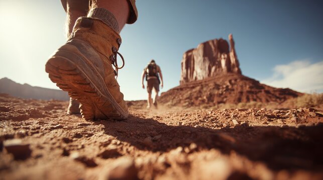 Explore adventure outdoor in National Park. A person walking on a dirt road in the desert, wearing hiking boots and a backpack. The ground is covered with stones.