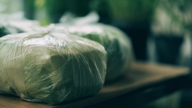 Closeup of biodegradable wrap tightly securing fresh produce with blurred background emphasizing ecofriendly packaging innovation