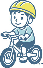 ヘルメットを被って自転車（キックバイク）に乗る子供のイラストセット（交通安全・外遊び・運動）