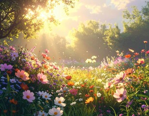 Obraz premium Sunlight streams through a blooming meadow of colorful wildflowers.