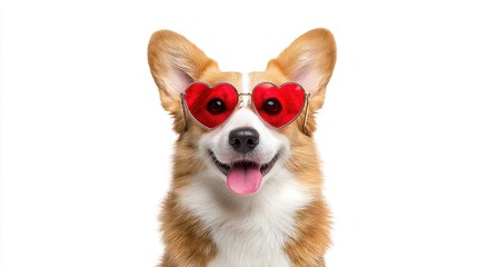 Obraz premium Corgi with red heart sunglasses and happy expression.