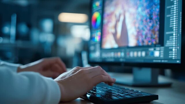 Closeup of a designers hands using AIenhanced editing software adjusting photo color balance with sharp focus on the screen details and blurred background.