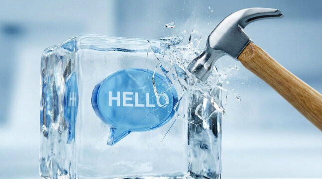 Hammer smashing transparent ice block with embedded blue hello speech bubble. Breaking the ice metaphor for starting conversation and social introduction. Concept of first contact in communication