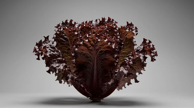 A vibrant head of fresh red leaf lettuce, featuring deep maroon colors and ruffled leaves, is isolated in a clean studio shot against a smooth gray background.