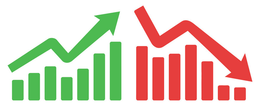 Graph going down and up sign, green and red arrow vector, bar chart symbols, sales decrease, growth illustration, business analytics, financial reporting graphic