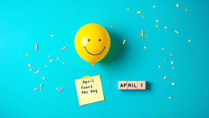April Fools Day concept with a laughing emoji balloon, wooden calendar showing April 1, and a playful note on a blue background. Fun prank theme for humor, celebration, and social media content