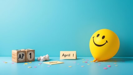 April Fools Day concept with a laughing emoji balloon, wooden calendar showing April 1, and a playful note on a blue background. Fun prank theme for humor, celebration, and social media content