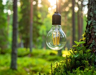 A light bulb hangs from a tree in a serene forest