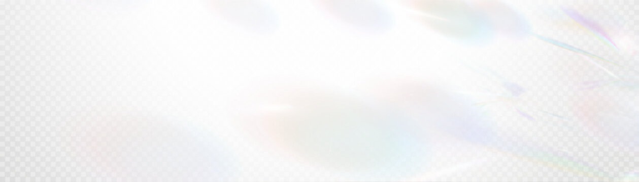 Set of rainbow light flares, reflection effect, falling confetti. Light rainbow lights with transparent effect, sparkling prism, stripe overlay, rainbow crystal, vector, png.