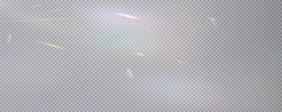 Set of rainbow light flares, reflection effect, falling confetti. Light rainbow lights with transparent effect, sparkling prism, stripe overlay, rainbow crystal, vector, png.	