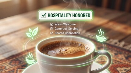Steaming cup of coffee on a saucer with hospitality honored concept and warm welcome message on a wooden table