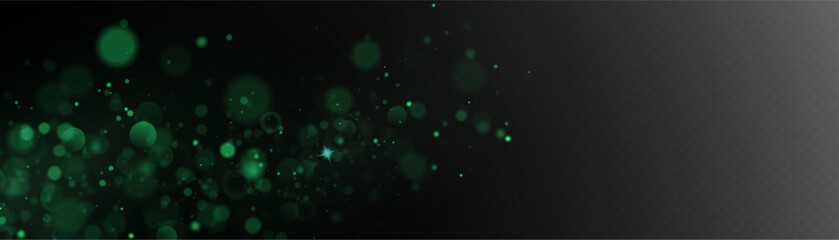 Naklejka premium Christmas glowing bokeh confetti light and glitter texture overlay for your design. Festive sparkling green dust png. Holiday powder dust for cards, invitations, banners, advertising.