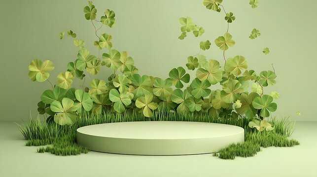 Abstract presentation podium surrounded by vibrant green clovers and grassy elements