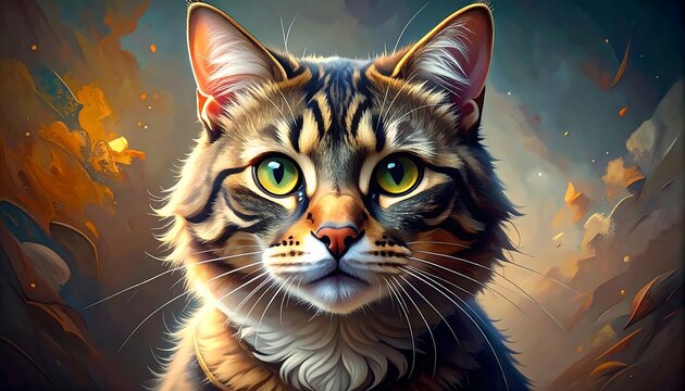 A close-up portrait shows a cat with a detailed fur pattern and piercing green eyes, set against an ethereal, cloudy background - Powered by Adobe