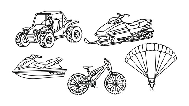 Vehicles for Adventure: A collection of vehicles, including a dune buggy, snowmobile, jet ski, mountain bike, and parachute.