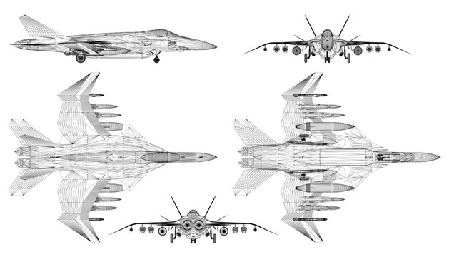 Unique fighter jets in symmetrical black and white illustration, featuring detailed wings, engines, and visible weaponry like missiles.