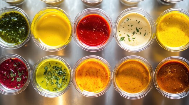 Assortment of Colorful Condiments in Plastic Containers on a Metal Surface with Soft Natural Lighting for Culinary and Food Blogging