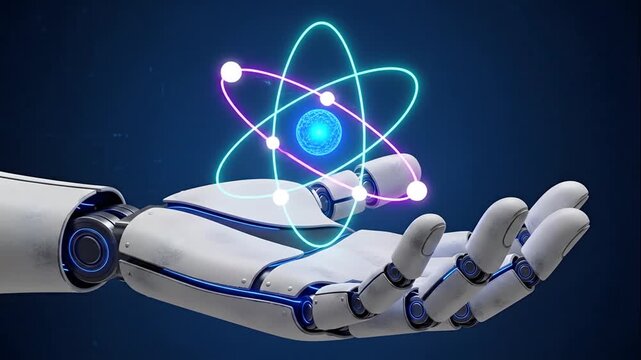 Robotic Hand Holding Glowing Atomic Orbitals and Nucleus