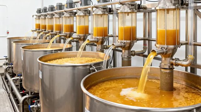 Medium shot of a clarification system with multiple tanks and advanced filtration stages demonstrating efficient solid removal from fresh juice before bottling.