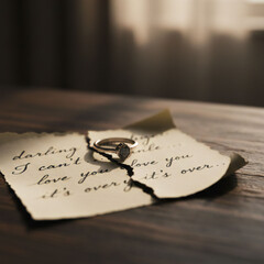 Valenstine day Torn love letter with wedding ring on wooden table