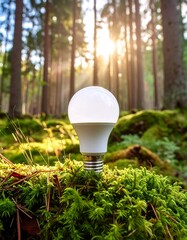 A light bulb on mossy forest floor with sunbeams