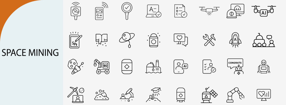 Space mining line icons set for galaxy exploration and asteroid resources
