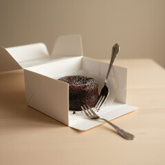 Valenstine day Delicious chocolate cake in takeaway box with forks